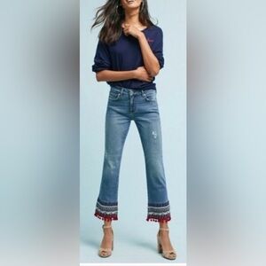 Anthropologie Pilcro Cropped Embroidered Distressed Pom-Pom Jeans Size 25